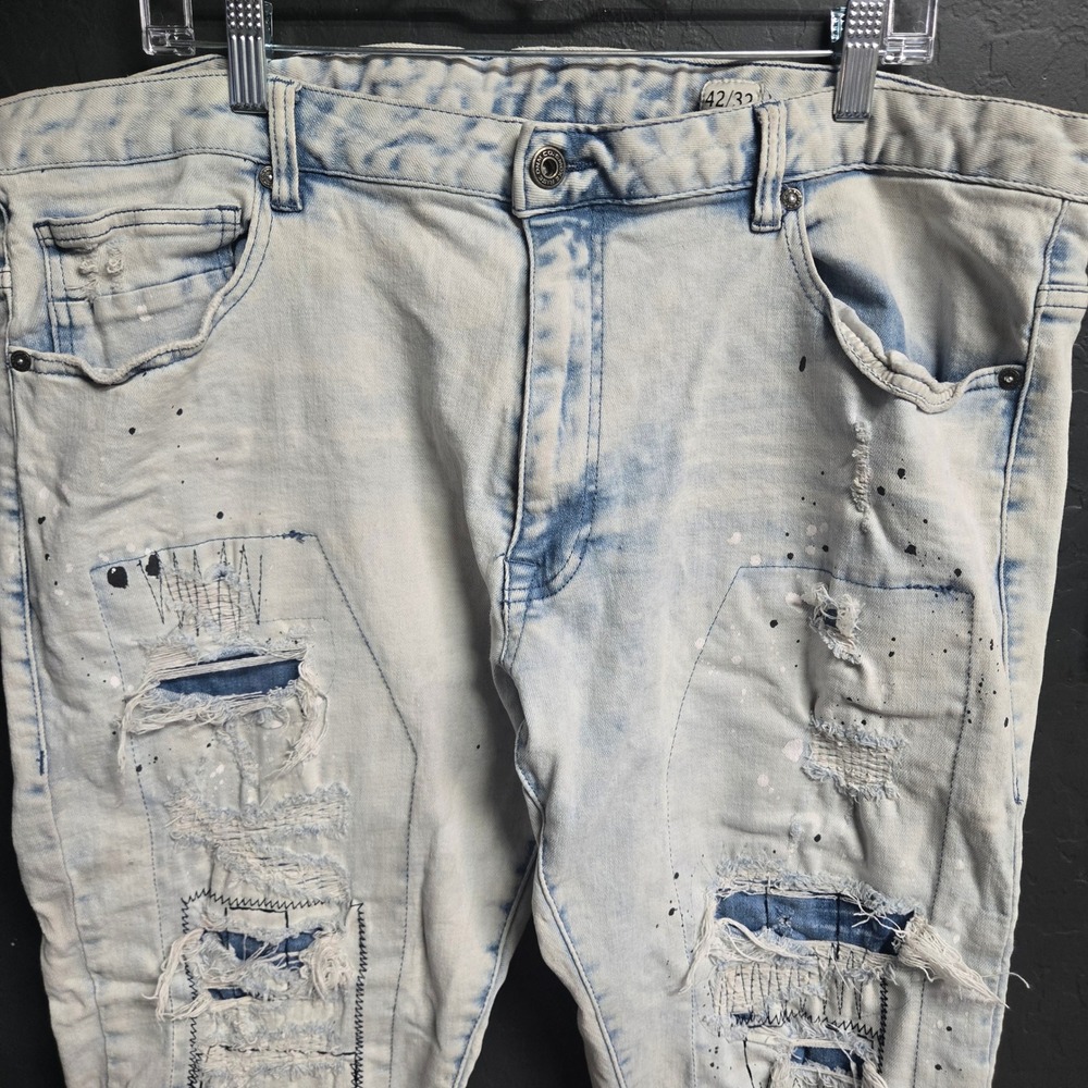 Smoke Rise Distressed Patchwork Jeans Light Wash Paint Splatter Mens‎ 42x32